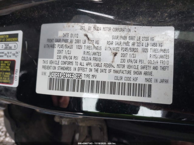 Aukcja sprzedaży 2012 Mazda Cx-9 Grand Touring, vin: JM3TB3DA9C0351996, numer aukcji: 43687143