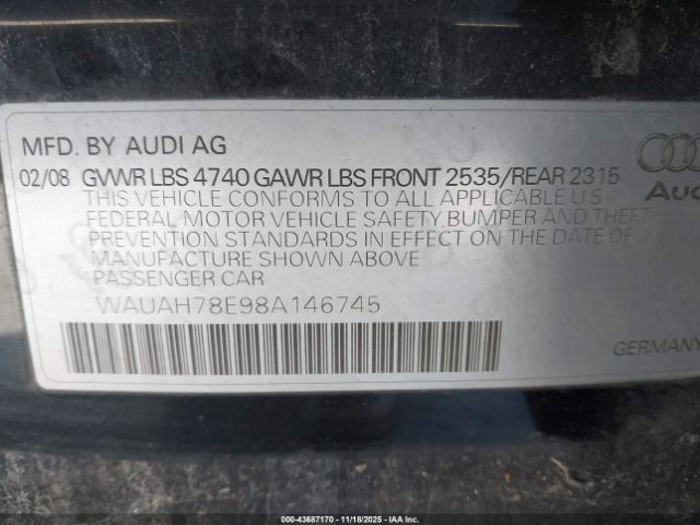 2008 AUDI A4 WAUAH78E98A146745 Photo 8