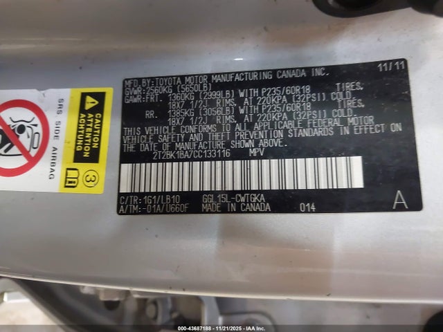 43687188 :رقم المزاد ، 2T2BK1BA7CC133116 vin ، 2012 Lexus Rx 350 مزاد بيع