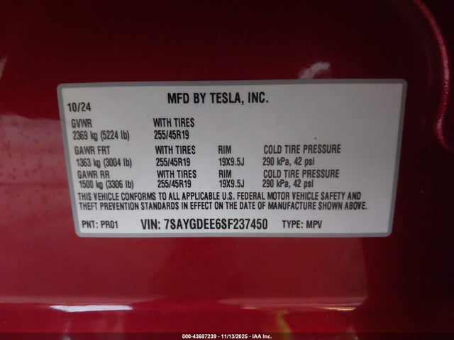 Aukcja sprzedaży 2025 Tesla Model Y Long Range Dual Motor All-wheel Drive, vin: 7SAYGDEE6SF237450, numer aukcji: 43687239