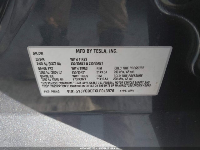 2020 TESLA MODEL Y 5YJYGDEFXLF013976 Photo 8