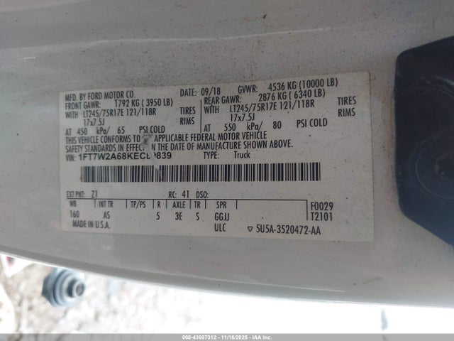 Auction sale of the 2019 Ford F-250 Xl, vin: 1FT7W2A68KEC89839, lot number: 43687312