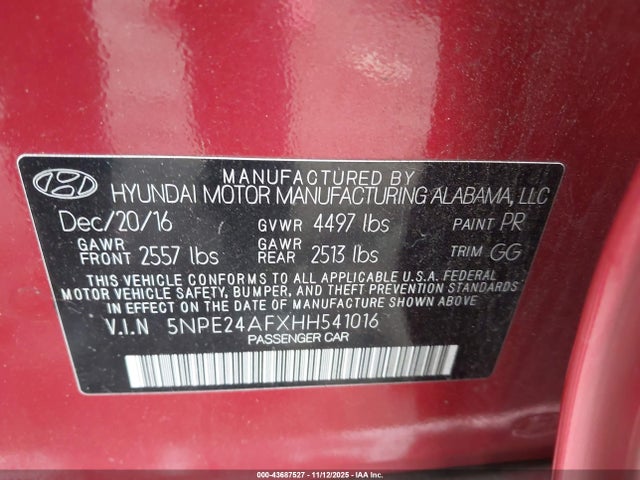 43687527 :رقم المزاد ، 5NPE24AFXHH541016 vin ، 2017 Hyundai Sonata Se مزاد بيع
