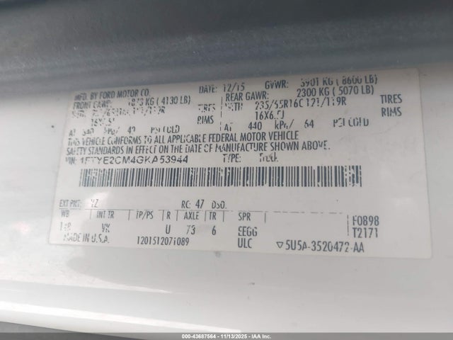 Продажа на аукционе авто 2016 Ford Transit-150, vin: 1FTYE2CM4GKA53944, номер лота: 43687564