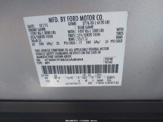 2016 FORD EXPLORER 1FM5K7F88GGA46484 Photo 8