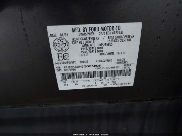 2016 FORD EXPLORER 1FM5K8DH3GGC74935 Photo 8
