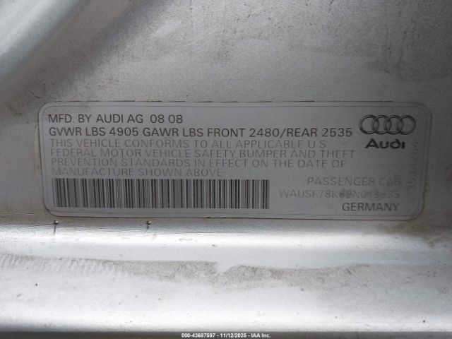 2009 AUDI A4 WAUSF78K89N019835 Photo 8