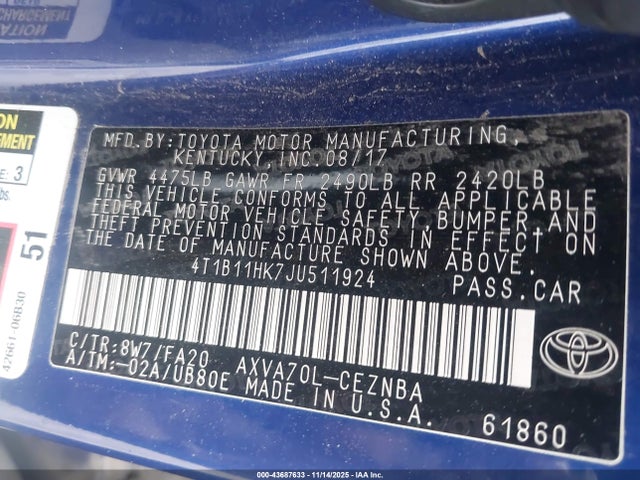 4T1B11HK7JU511924 Toyota CAMRY LE