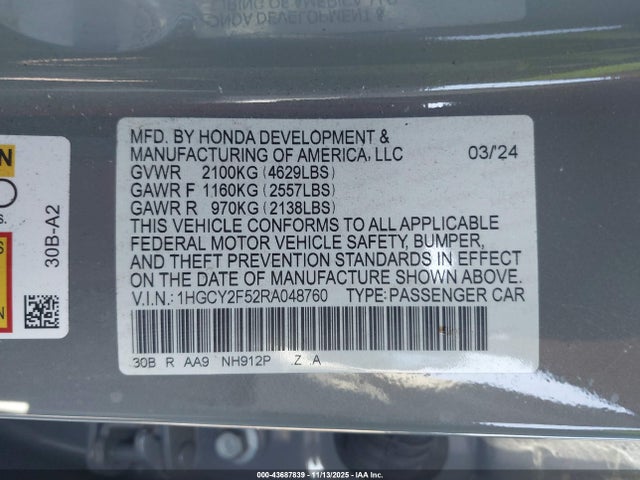 1HGCY2F52RA048760 Honda Accord Hybrid Sport