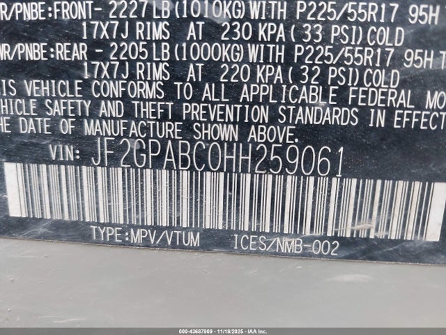 43687909 :رقم المزاد ، JF2GPABC0HH259061 vin ، 2017 Subaru Crosstrek 2.0i Premium مزاد بيع