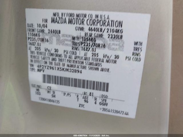 2005 MAZDA TRIBUTE 4F2YZ961X5KM32894 Photo 8