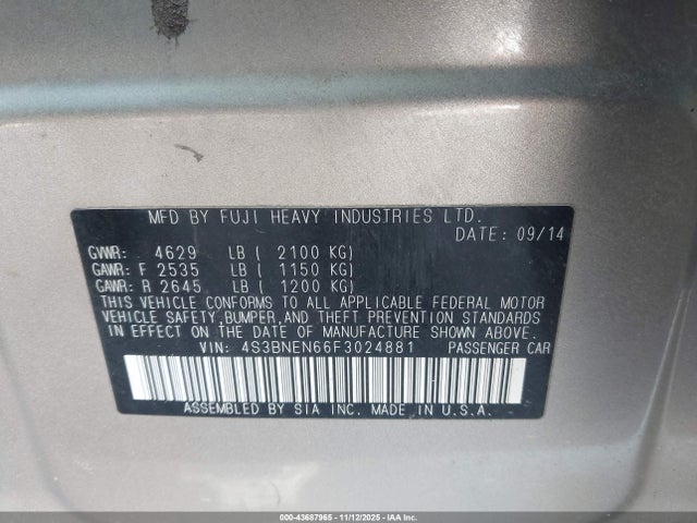 Продажа на аукционе авто 2015 Subaru Legacy 3.6r Limited, vin: 4S3BNEN66F3024881, номер лота: 43687965
