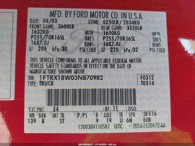 43688037 :رقم المزاد ، 1FTRX18W03NB70982 vin ، 2003 Ford F-150 Lariat/xl/xlt مزاد بيع