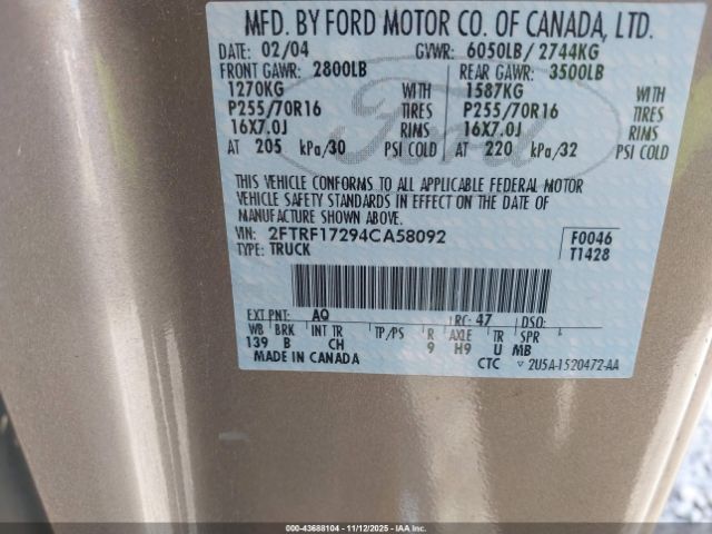 2004 FORD F-150 HERITAGE 2FTRF17294CA58092 Photo 8