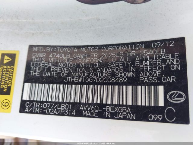 2013 LEXUS ES 300H JTHBW1GG7D2008489 Photo 8