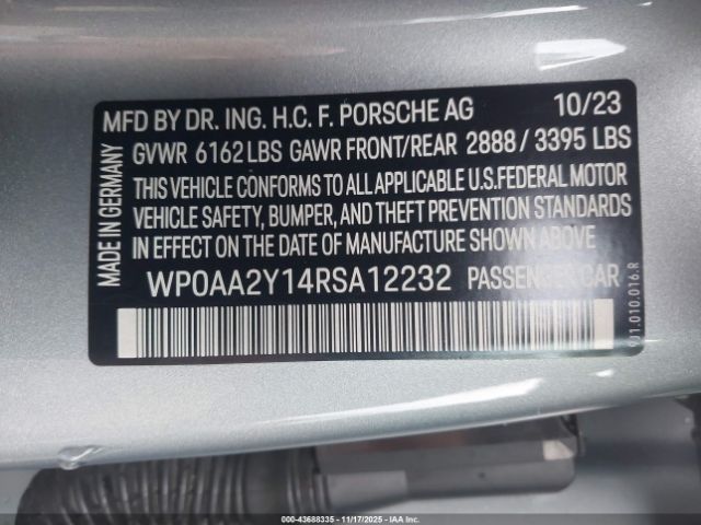 2024 PORSCHE TAYCAN WP0AA2Y14RSA12232 Photo 8