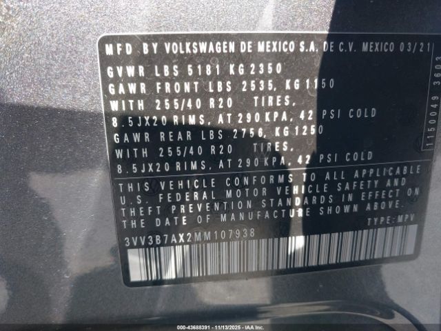 2021 VOLKSWAGEN TIGUAN 3VV3B7AX2MM107938 Photo 8
