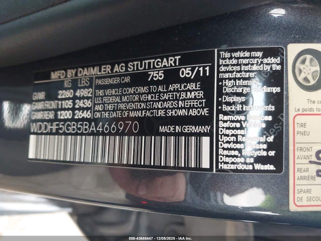 Aukcja sprzedaży 2011 Mercedes-benz E 350, vin: WDDHF5GB5BA466970, numer aukcji: 43688447