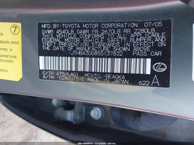 Продажа на аукционе авто 2005 Lexus Es 330, vin: JTHBA30G855137832, номер лота: 43688478
