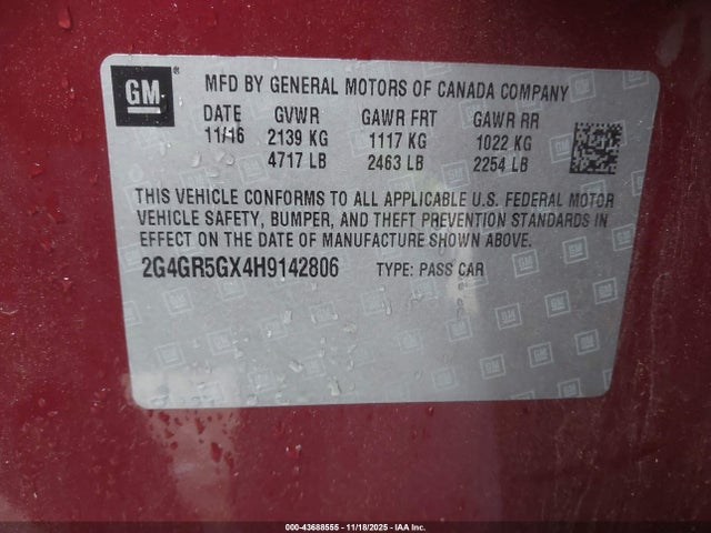 43688555 :رقم المزاد ، 2G4GR5GX4H9142806 vin ، 2017 Buick Regal Turbo Premium Ii مزاد بيع