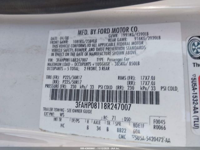 2008 FORD FUSION 3FAHP08118R247007 Photo 8