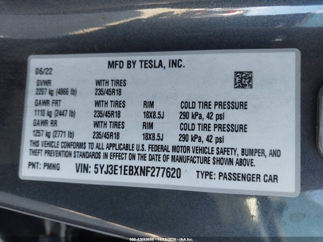 2022 TESLA MODEL 3 5YJ3E1EBXNF277620 Photo 8