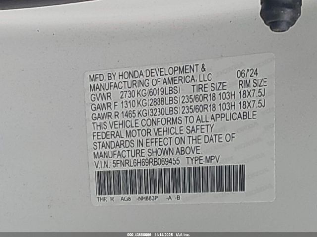 2024 HONDA ODYSSEY 5FNRL6H69RB069455 Photo 8