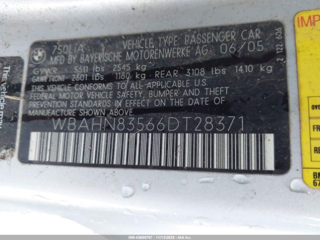 2006 BMW 750LI WBAHN83566DT28371 Photo 8