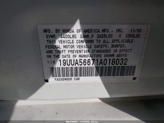 43688947 :رقم المزاد ، 19UUA56671A018032 vin ، 2001 Acura Tl 3.2 مزاد بيع