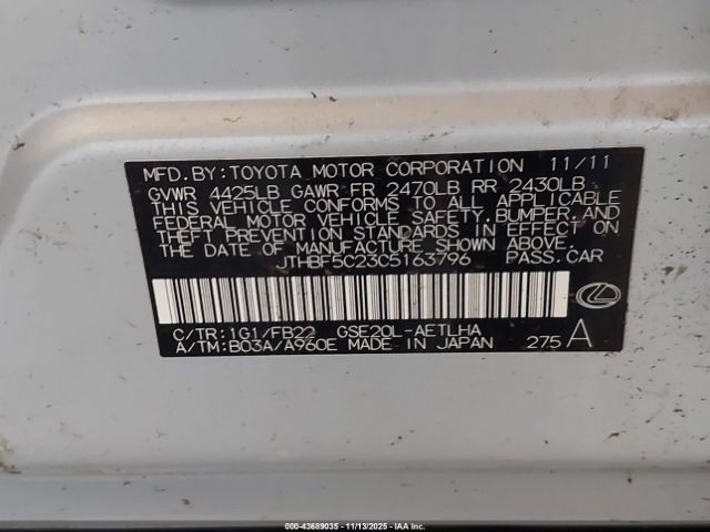 2012 LEXUS IS 250 JTHBF5C23C5163796 Photo 8