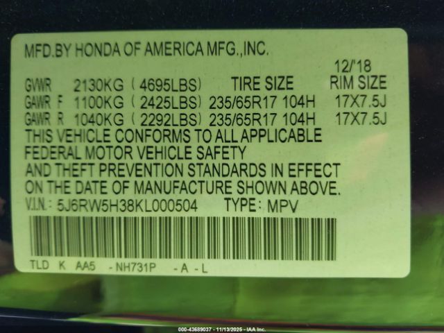 2019 HONDA CR-V 5J6RW5H38KL000504 Photo 8