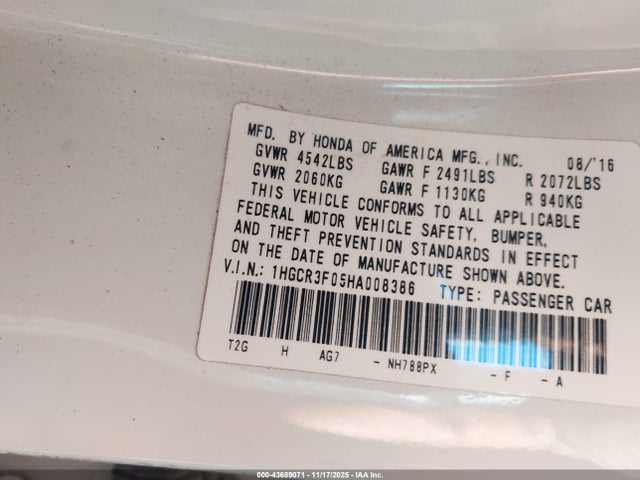 Aukcja sprzedaży 2017 Honda Accord Ex-l V6, vin: 1HGCR3F05HA008386, numer aukcji: 43689071