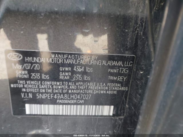 2020 HYUNDAI SONATA 5NPEF4JA8LH047027 Photo 8