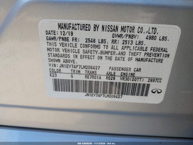 Продажа на аукционе авто 2020 Infiniti Q50 Luxe, vin: JN1EV7AP7LM206427, номер лота: 43689206