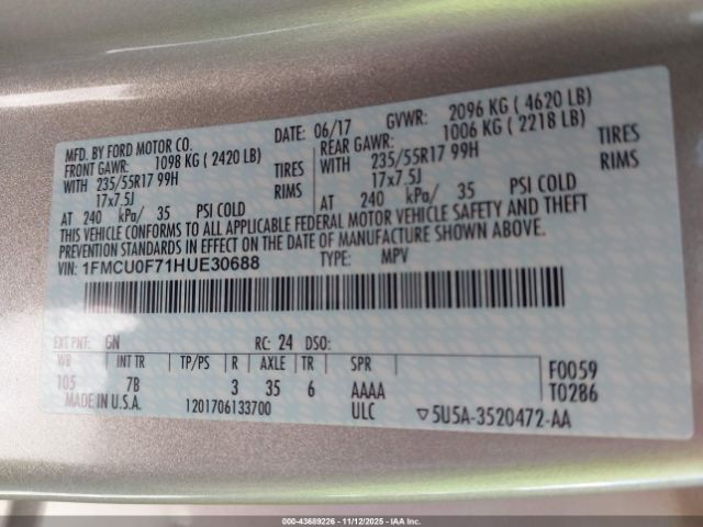 2017 FORD ESCAPE 1FMCU0F71HUE30688 Photo 8