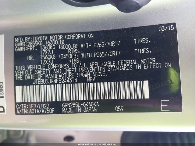 Toyota 4runner Sr5 Premium 2015 JTEBU5JR4F5244314 Image 9