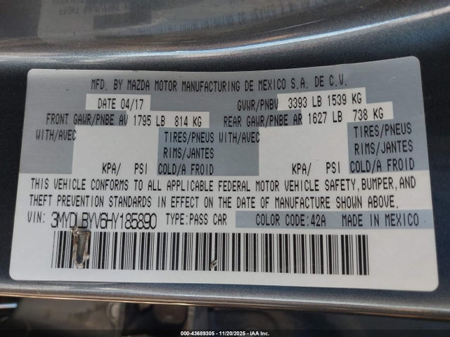 3MYDLBYV6HY185890 Toyota YARIS IA