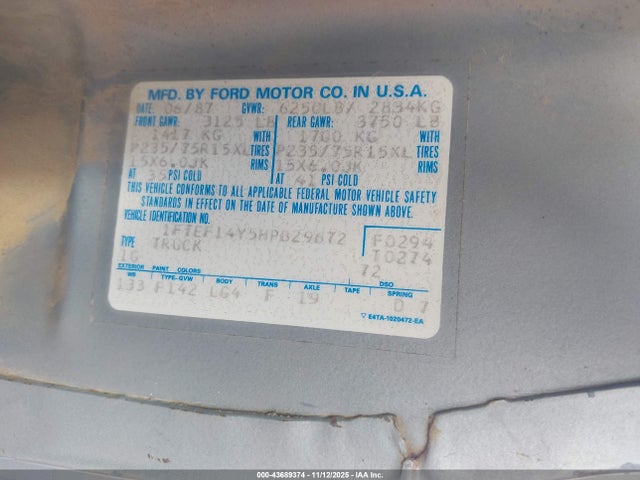 1987 FORD F150 1FTEF14Y5HPB29672 Photo 8