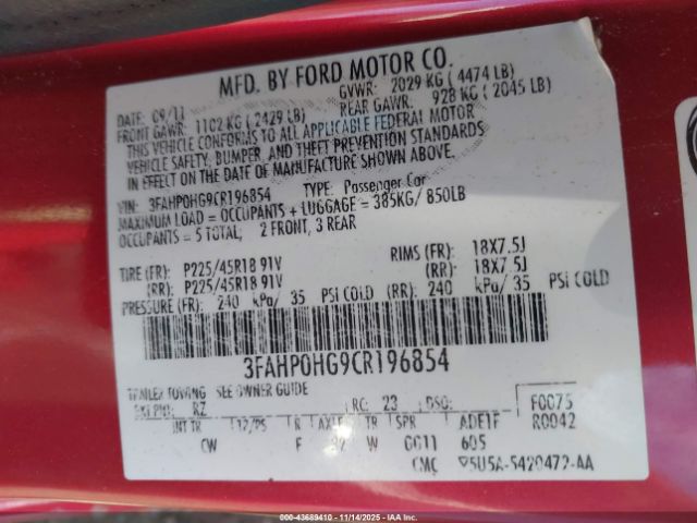 2012 FORD FUSION 3FAHP0HG9CR196854 Photo 8