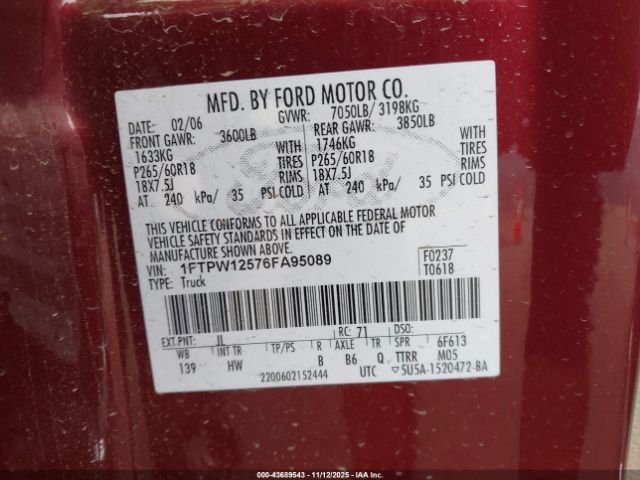 2006 FORD F-150 1FTPW12576FA95089 Photo 8