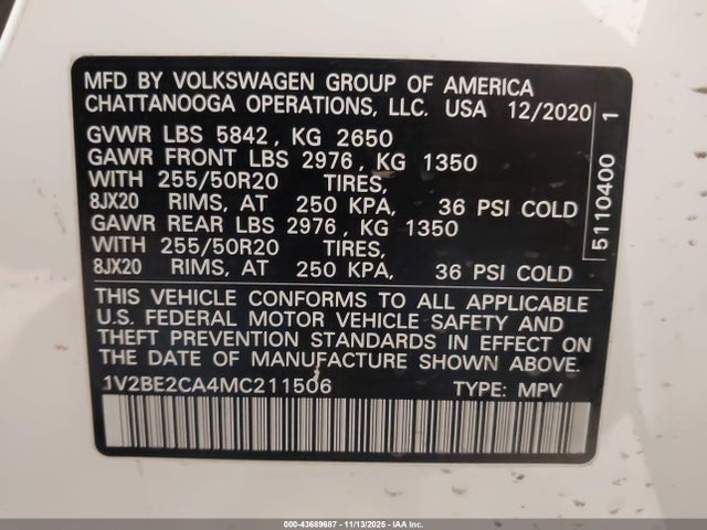43689687 :رقم المزاد ، 1V2BE2CA4MC211506 vin ، 2021 Volkswagen Atlas Cross Sport 3.6l V6 Sel مزاد بيع