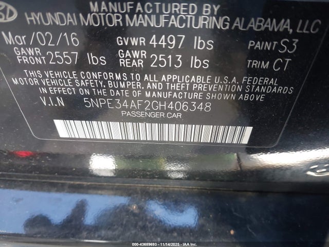 Aukcja sprzedaży 2016 Hyundai Sonata Sport, vin: 5NPE34AF2GH406348, numer aukcji: 43689693