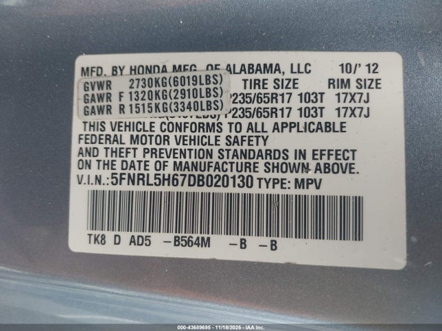 2013 HONDA ODYSSEY 5FNRL5H67DB020130 Photo 8