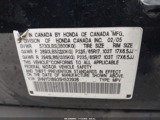 2005 ACURA MDX 2HNYD18935H522926 Photo 8