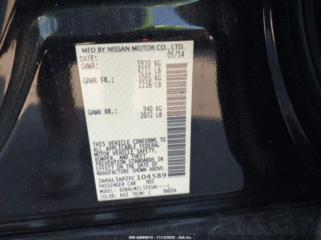 Продажа на аукционе авто 2015 Nissan Altima 2.5 Sv, vin: 1N4AL3AP2FC104589, номер лота: 43690015
