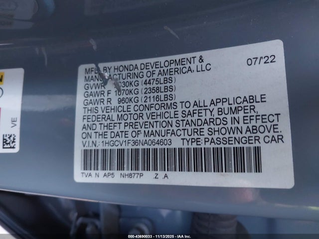 1HGCV1F36NA064603 Honda Accord Sport