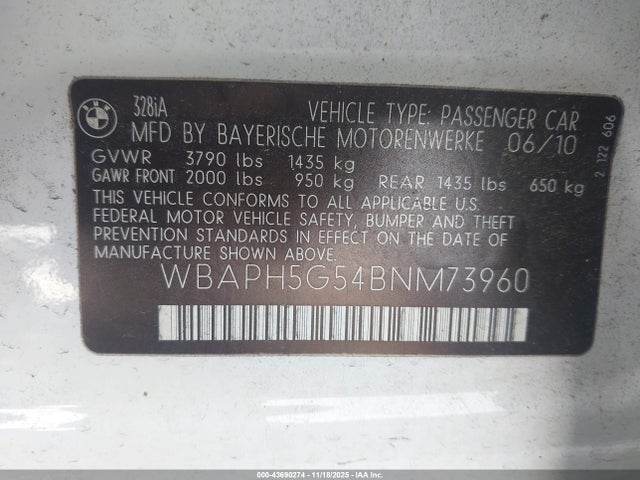 Продаж на аукціоні авто 2011 Bmw 328i, vin: WBAPH5G54BNM73960, номер лоту: 43690274