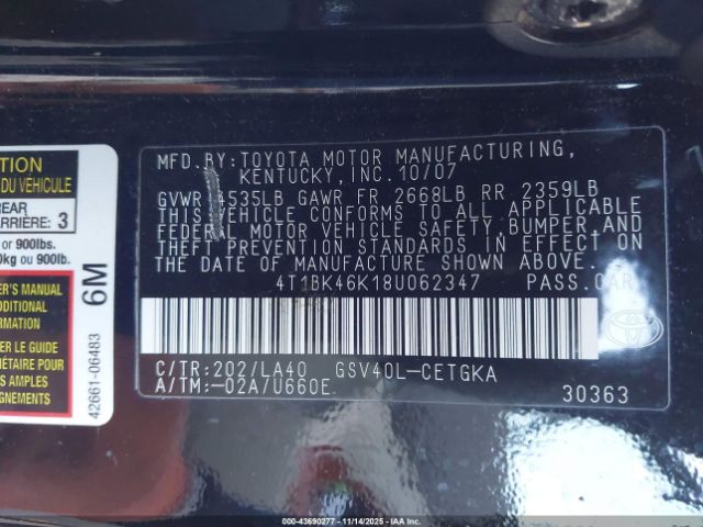 2008 TOYOTA CAMRY 4T1BK46K18U062347 Photo 8