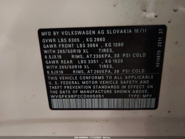 2012 VOLKSWAGEN TOUAREG WVGFK9BP2CD005051 Photo 8