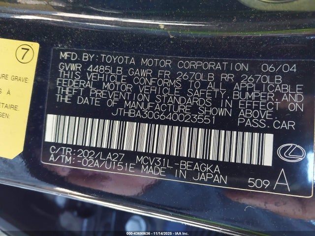 Продажа на аукционе авто 2004 Lexus Es 330, vin: JTHBA30G640023551, номер лота: 43690636